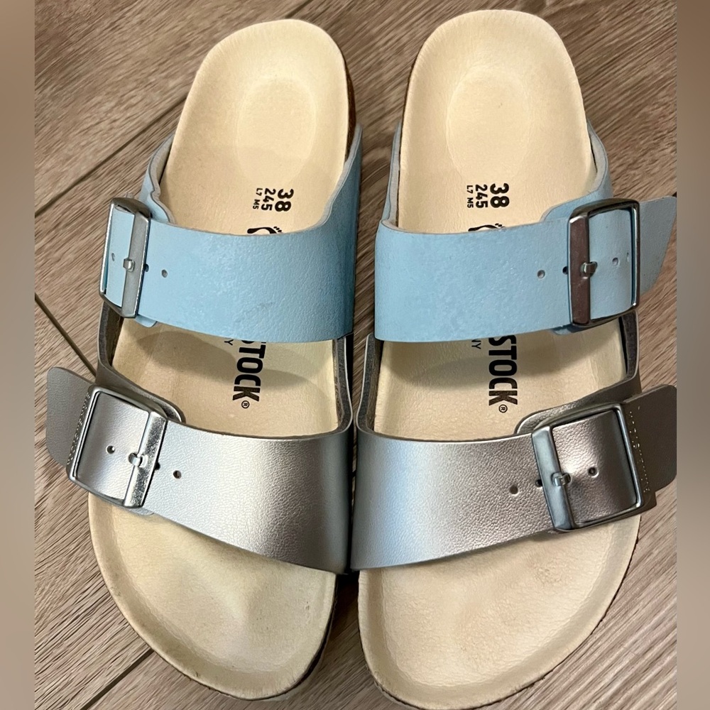 Birkenstock Arizona Split Light Blue/Silver Birko Flor Narrow Fit
